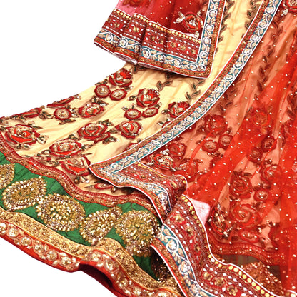 Indian Heavy Red & Beige Mesh/Net Hand Embroidered Lehenga 2pcs Set By Designer Sabyasachi Bridal Wear