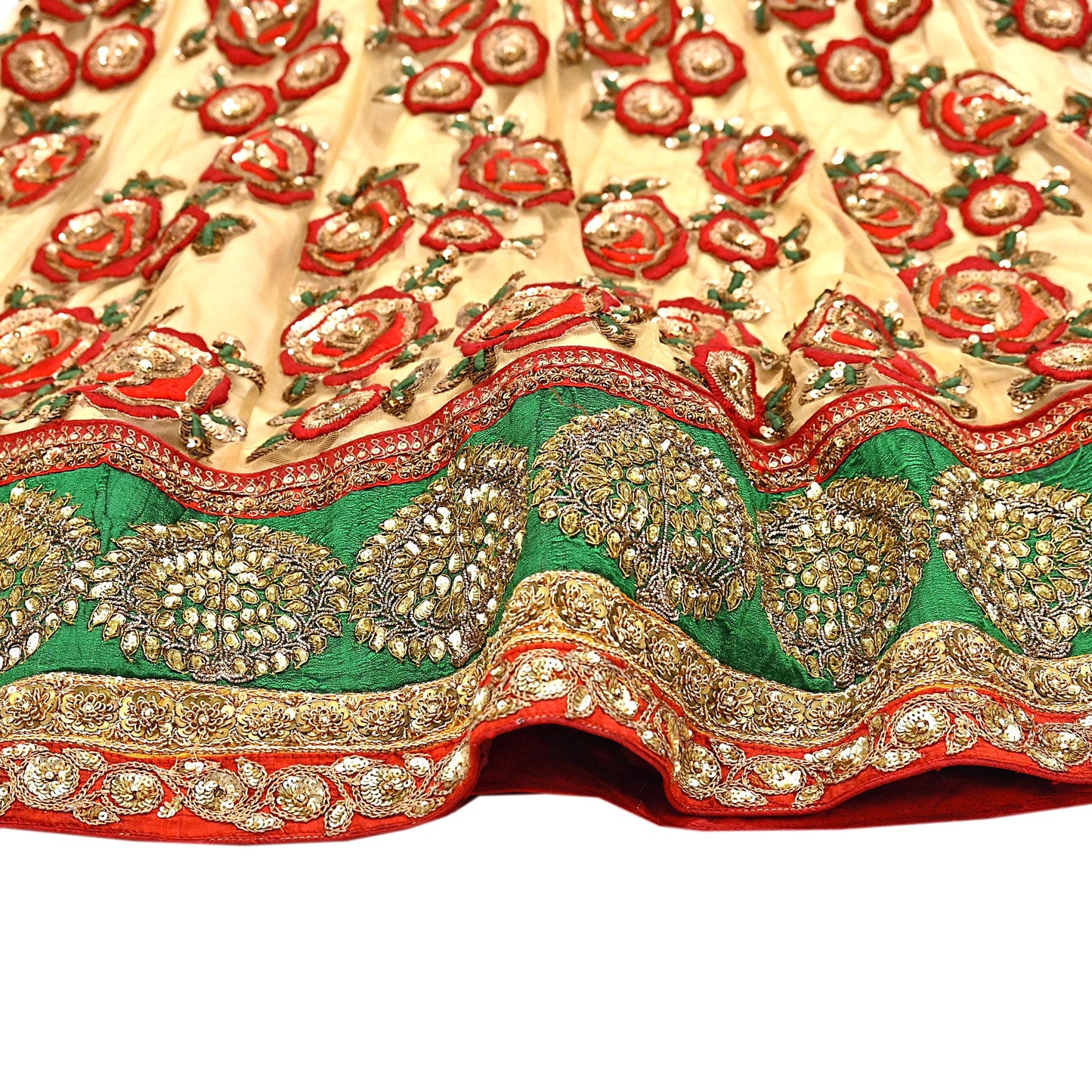 Indian Vintage Heavy Beige Net/Mesh Hand Embroidered Lehenga Skirt By Designer Sabyasachi Bridal Wear Dabka/ Zardozi