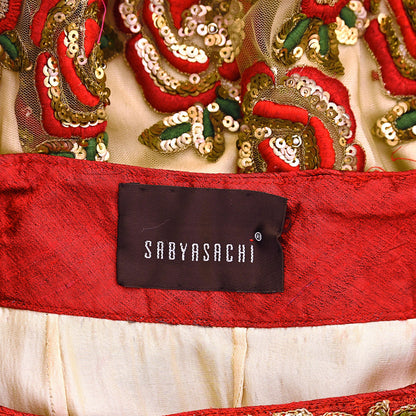 Indian Vintage Heavy Beige Net/Mesh Hand Embroidered Lehenga Skirt By Designer Sabyasachi Bridal Wear Dabka/ Zardozi