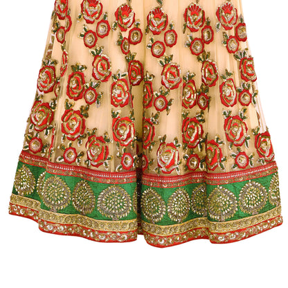 Indian Vintage Heavy Beige Net/Mesh Hand Embroidered Lehenga Skirt By Designer Sabyasachi Bridal Wear Dabka/ Zardozi