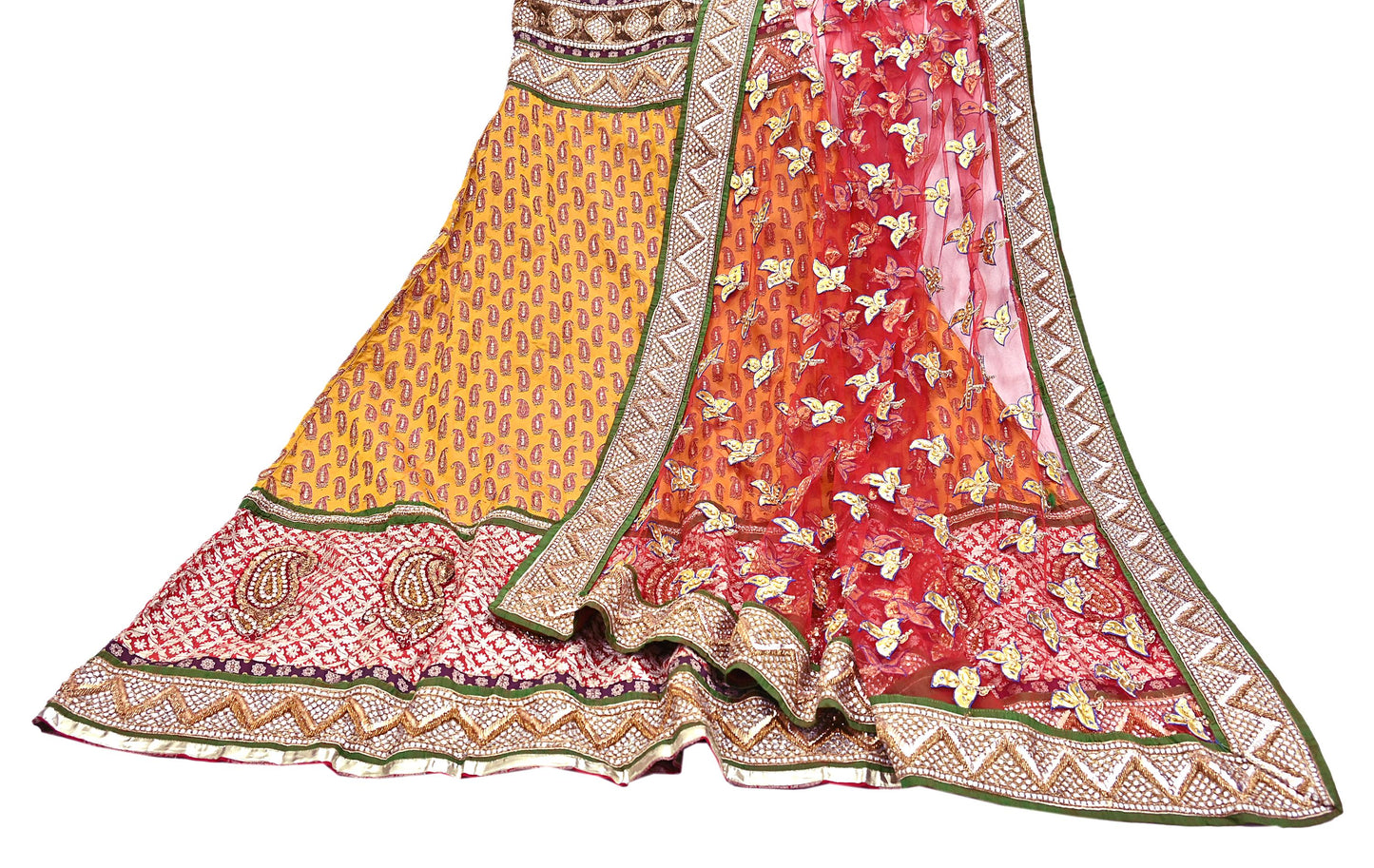Vintage Anamika Khanna saffron & red Satin Silk Net Hand Embroidered Lehenga Dupatta 2pc Set Zardozi Bridal Wear Indian party wear Outfit