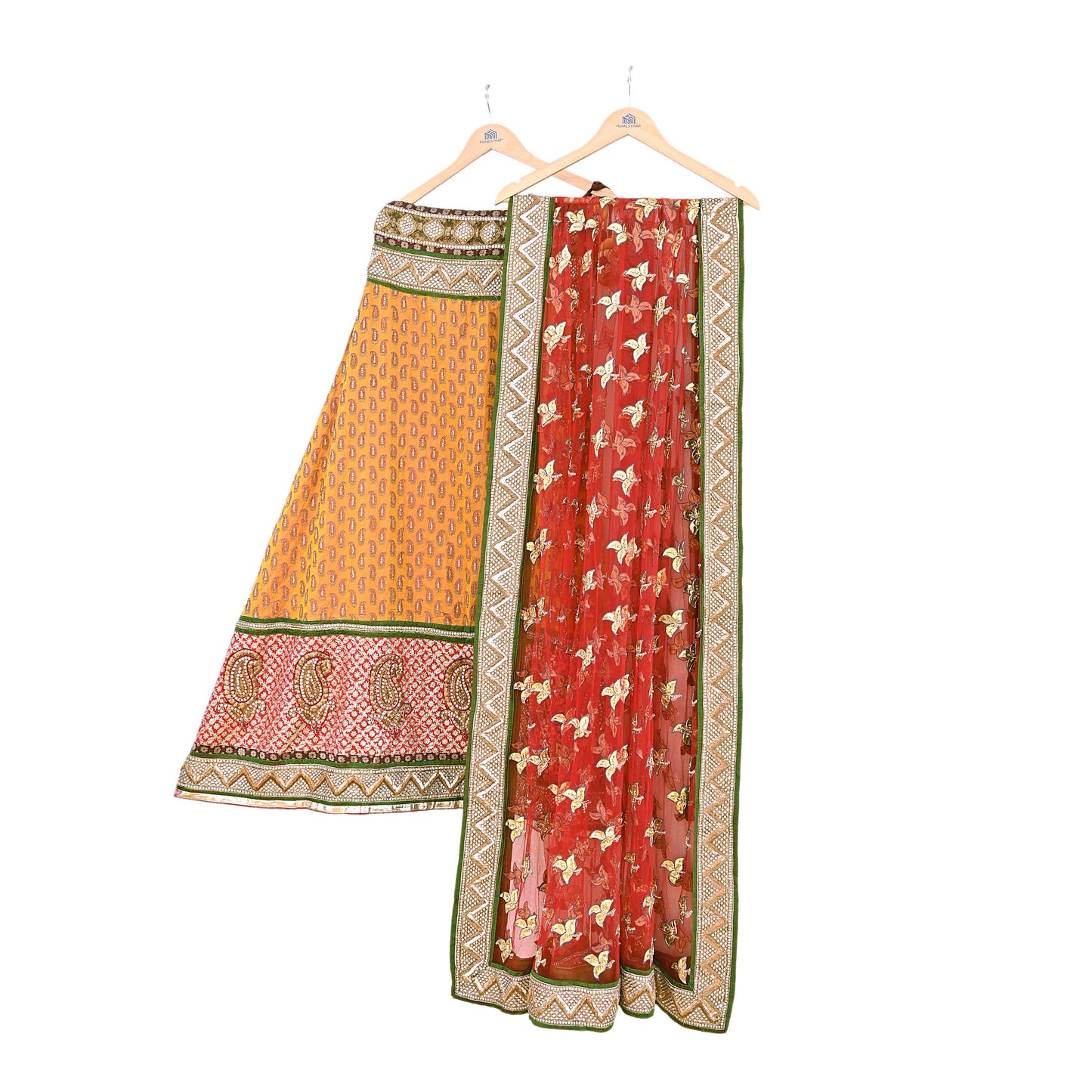 Vintage Anamika Khanna saffron & red Satin Silk Net Hand Embroidered Lehenga Dupatta 2pc Set Zardozi Bridal Wear Indian party wear Outfit
