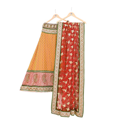 Vintage Anamika Khanna saffron & red Satin Silk Net Hand Embroidered Lehenga Dupatta 2pc Set Zardozi Bridal Wear Indian party wear Outfit