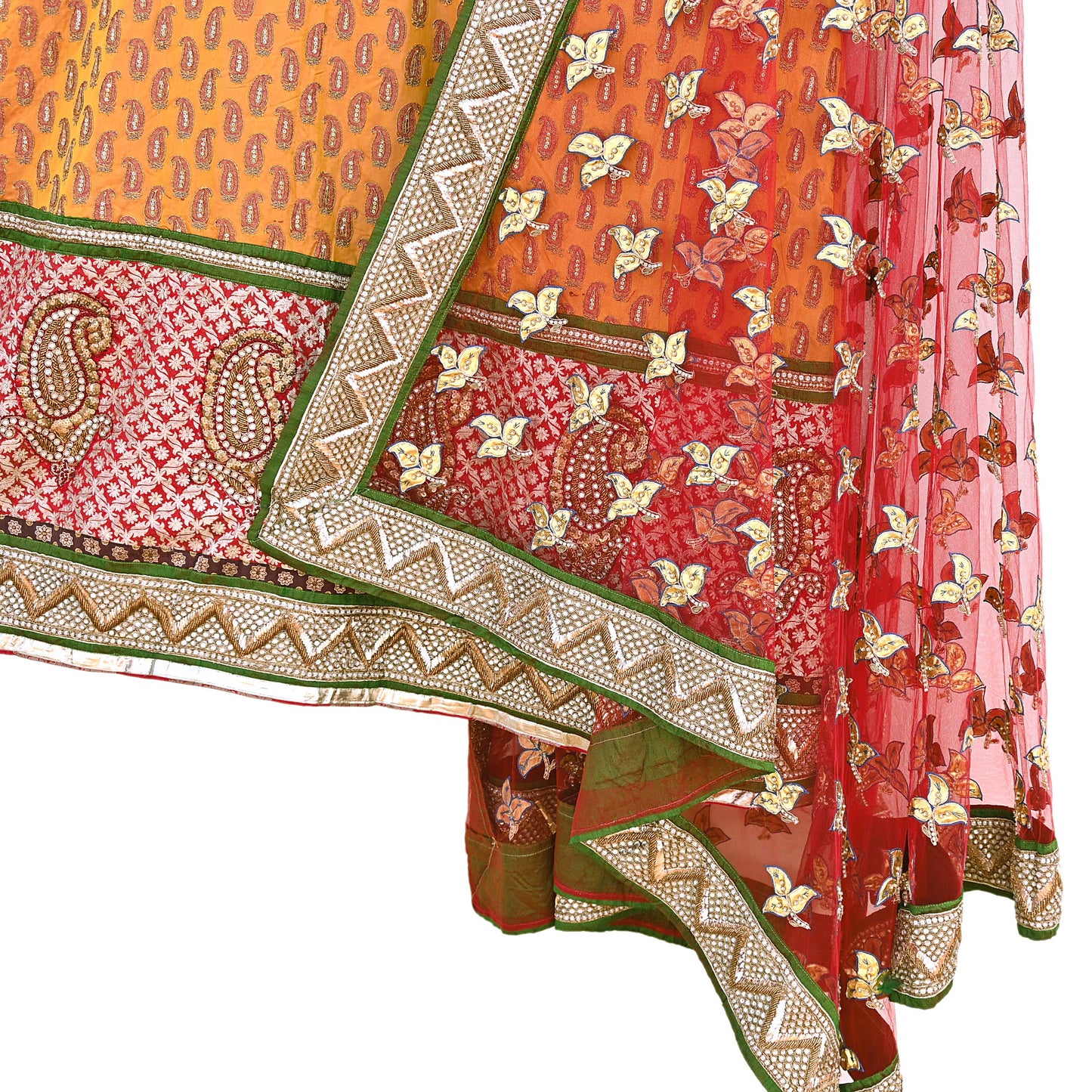 Vintage Anamika Khanna saffron & red Satin Silk Net Hand Embroidered Lehenga Dupatta 2pc Set Zardozi Bridal Wear Indian party wear Outfit