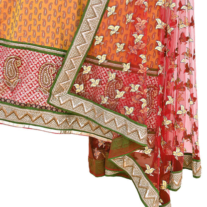 Vintage Anamika Khanna saffron & red Satin Silk Net Hand Embroidered Lehenga Dupatta 2pc Set Zardozi Bridal Wear Indian party wear Outfit
