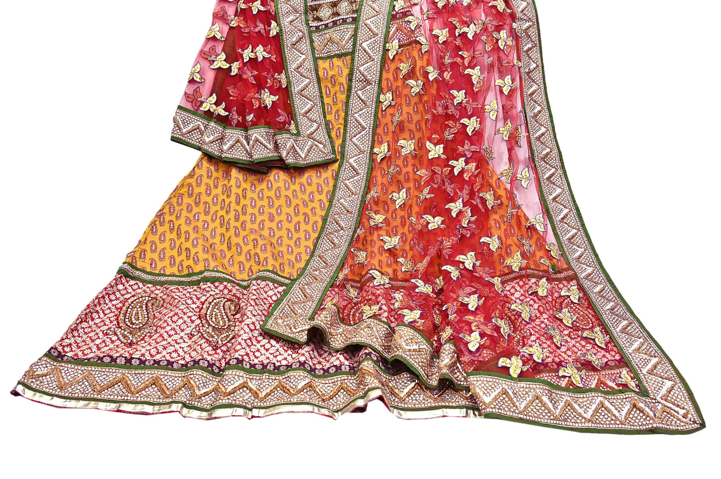 Vintage Anamika Khanna saffron & red Satin Silk Net Hand Embroidered Lehenga Dupatta 2pc Set Zardozi Bridal Wear Indian party wear Outfit