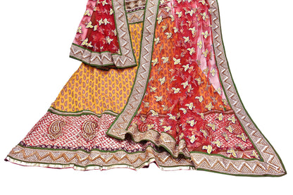 Vintage Anamika Khanna saffron & red Satin Silk Net Hand Embroidered Lehenga Dupatta 2pc Set Zardozi Bridal Wear Indian party wear Outfit
