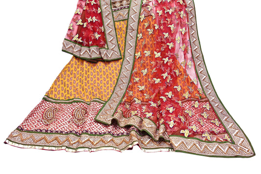 Vintage Anamika Khanna saffron & red Satin Silk Net Hand Embroidered Lehenga Dupatta 2pc Set Zardozi Bridal Wear Indian party wear Outfit