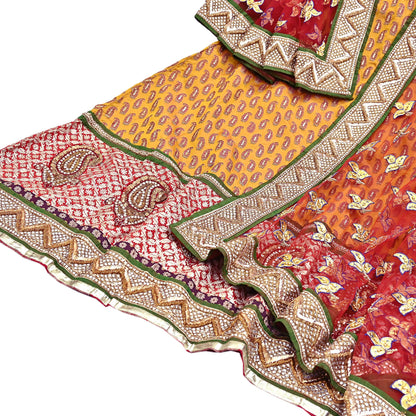 Vintage Anamika Khanna saffron & red Satin Silk Net Hand Embroidered Lehenga Dupatta 2pc Set Zardozi Bridal Wear Indian party wear Outfit