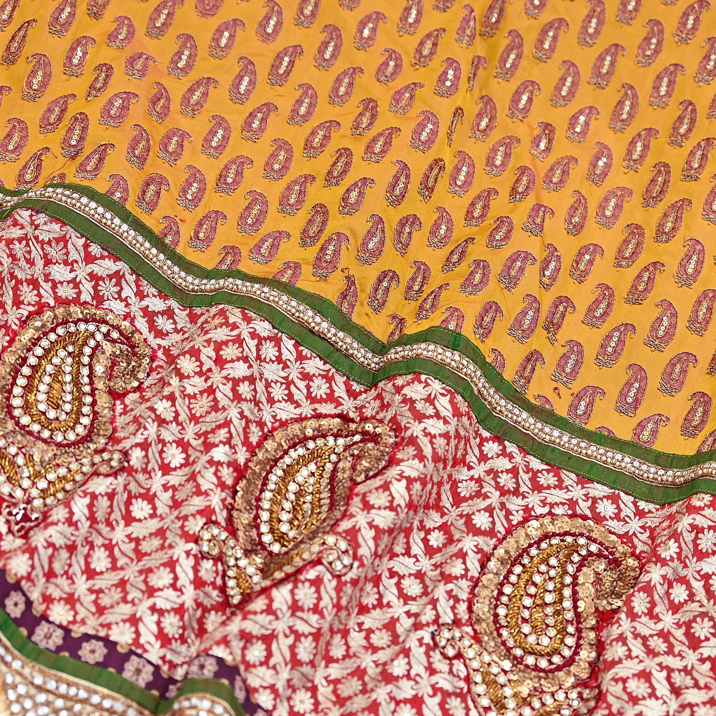 Vintage Anamika Khanna saffron & red Satin Silk Net Hand Embroidered Lehenga Dupatta 2pc Set Zardozi Bridal Wear Indian party wear Outfit