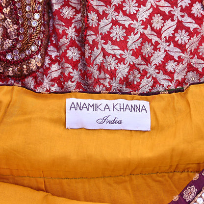 Indian Pre-owned Heavy Wedding Hand Embroidered Designer By Anamika Khanna Lehenga/Skirt Bridal Wear Saffron Pure Satin Silk