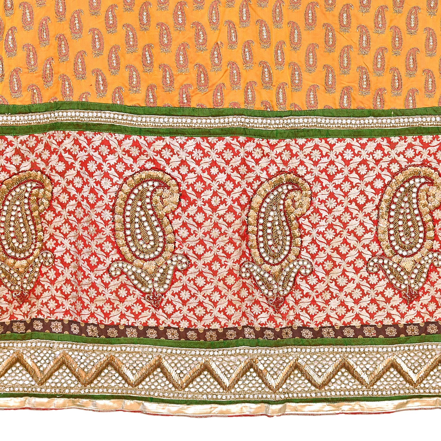 Indian Pre-owned Heavy Wedding Hand Embroidered Designer By Anamika Khanna Lehenga/Skirt Bridal Wear Saffron Pure Satin Silk