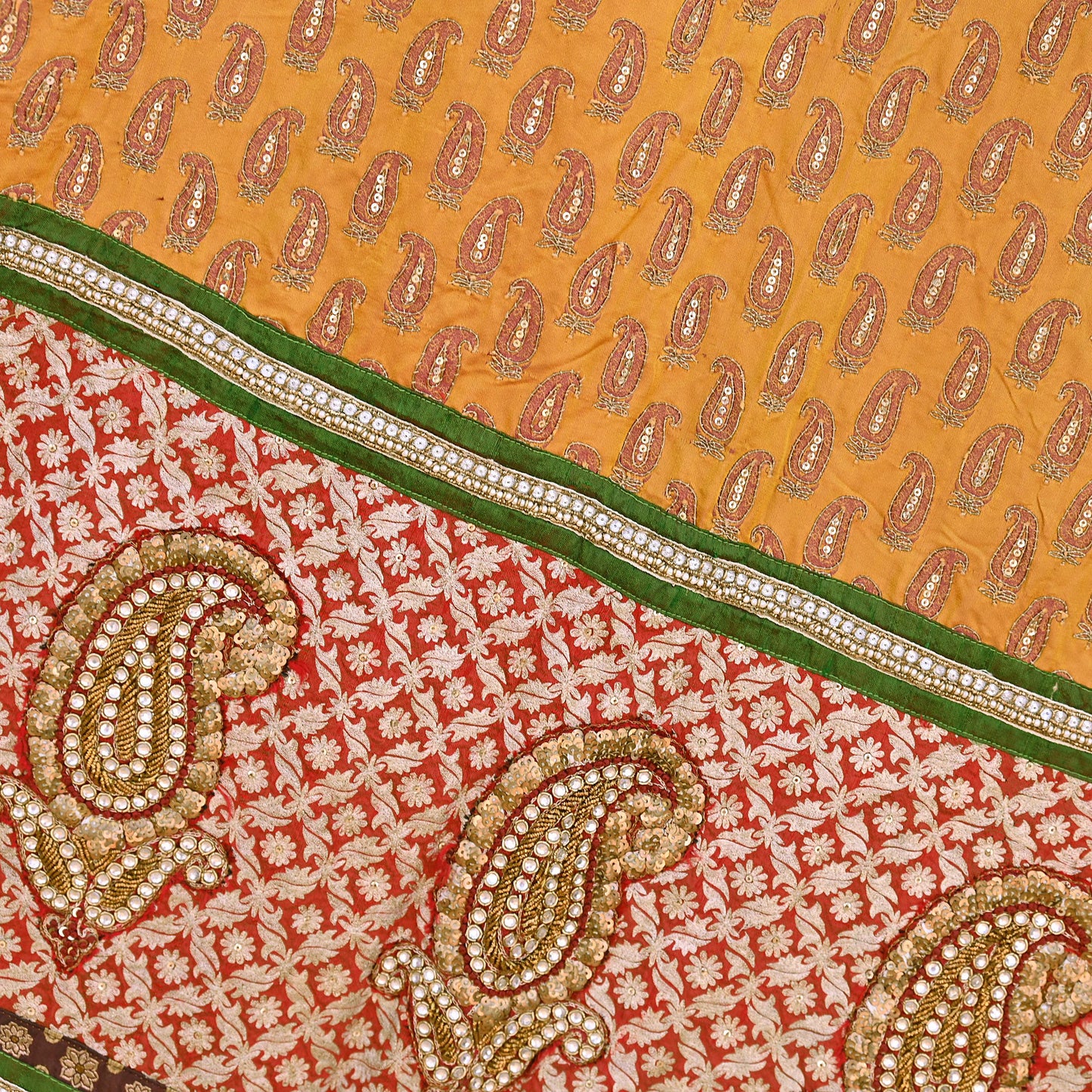 Indian Pre-owned Heavy Wedding Hand Embroidered Designer By Anamika Khanna Lehenga/Skirt Bridal Wear Saffron Pure Satin Silk