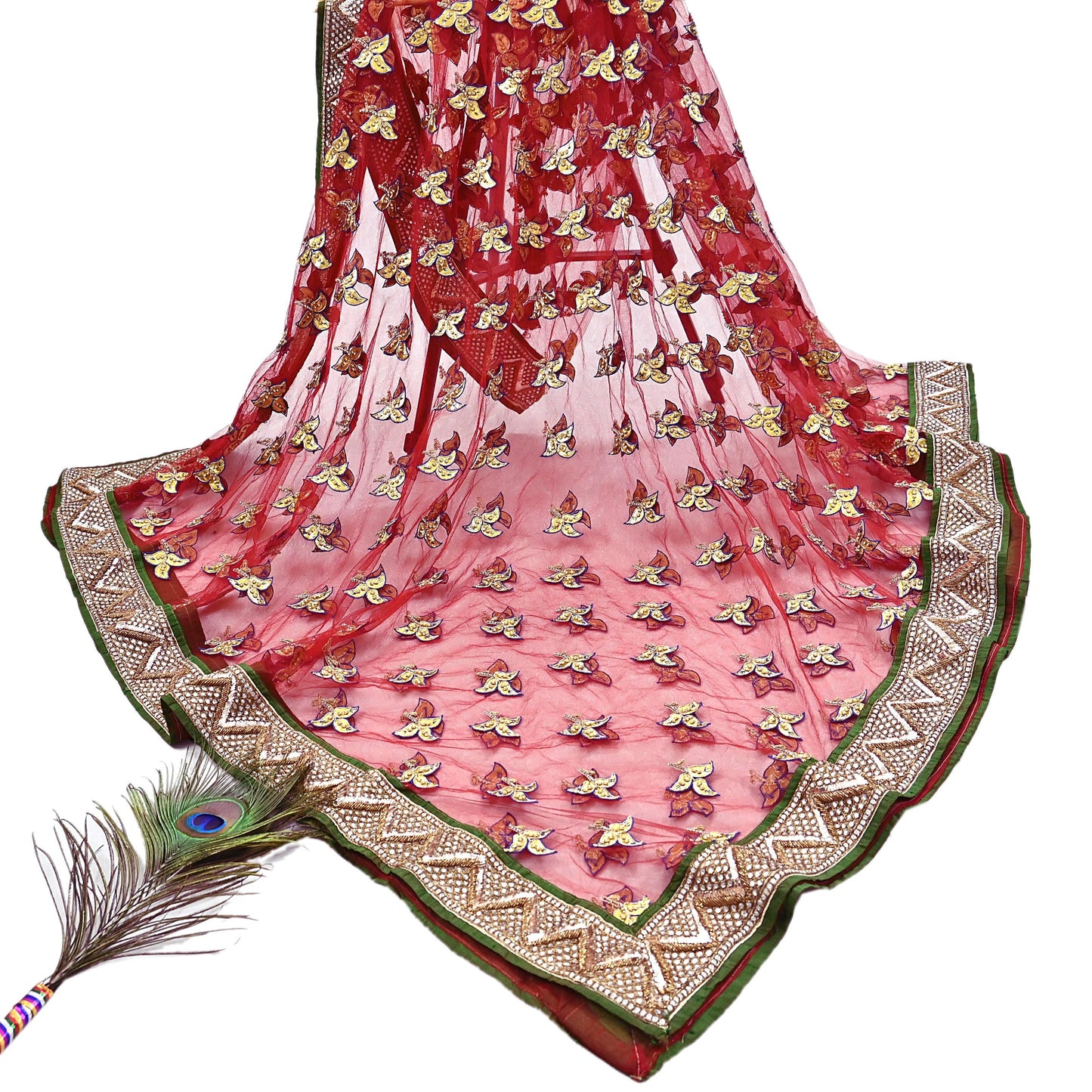 Indian Vintage Heavy Red Net/Mesh/ Velvet Hand Embroidered Dupatta Designer By Anamika Khanna Bridal Wear Dabka Zardozi Veil Hijab