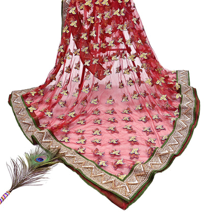 Indian Vintage Heavy Red Net/Mesh/ Velvet Hand Embroidered Dupatta Designer By Anamika Khanna Bridal Wear Dabka Zardozi Veil Hijab