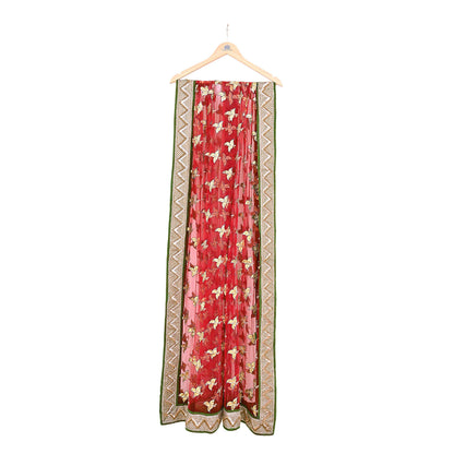 Indian Vintage Heavy Red Net/Mesh/ Velvet Hand Embroidered Dupatta Designer By Anamika Khanna Bridal Wear Dabka Zardozi Veil Hijab
