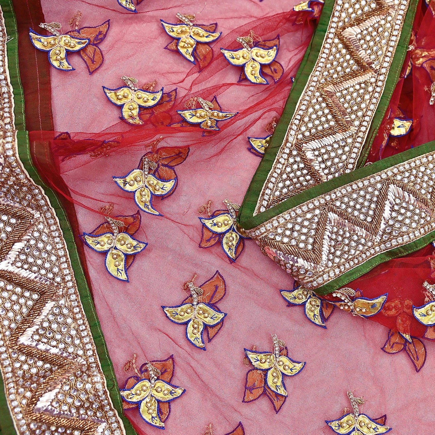 Indian Vintage Heavy Red Net/Mesh/ Velvet Hand Embroidered Dupatta Designer By Anamika Khanna Bridal Wear Dabka Zardozi Veil Hijab