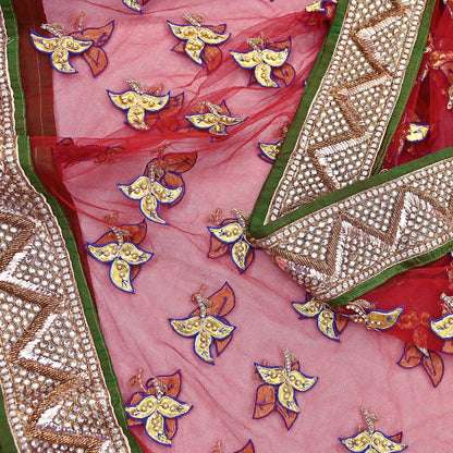 Indian Vintage Heavy Red Net/Mesh/ Velvet Hand Embroidered Dupatta Designer By Anamika Khanna Bridal Wear Dabka Zardozi Veil Hijab