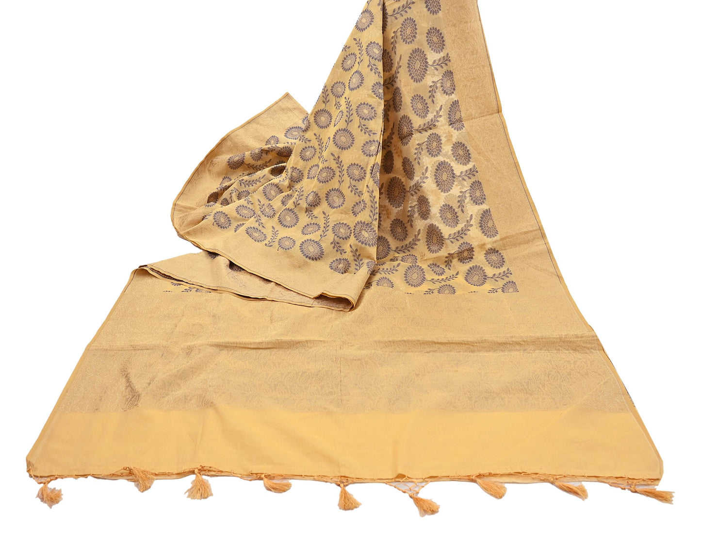 Indian Vintage Sari Beige  Blend Cotton Hand Woven Saree 5yard Ethnic Fringes Zari Fabric