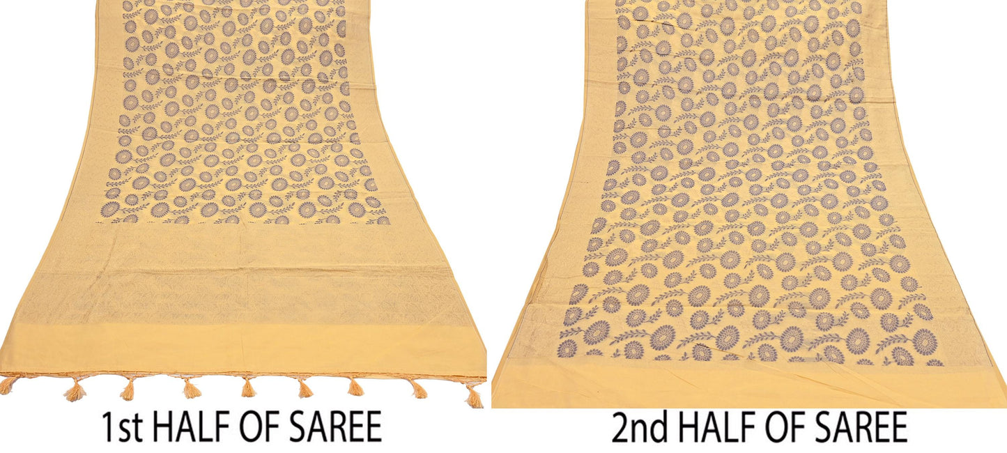 Indian Vintage Sari Beige  Blend Cotton Hand Woven Saree 5yard Ethnic Fringes Zari Fabric