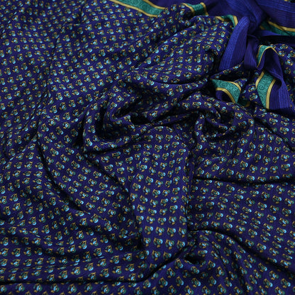 Indian Vintage Blue Moss Crepe Saree Printed Floral Sari Fabric 6 Yards Soft Craft Fabric for Sewing, Dressmaking, Quilting,Upcycling