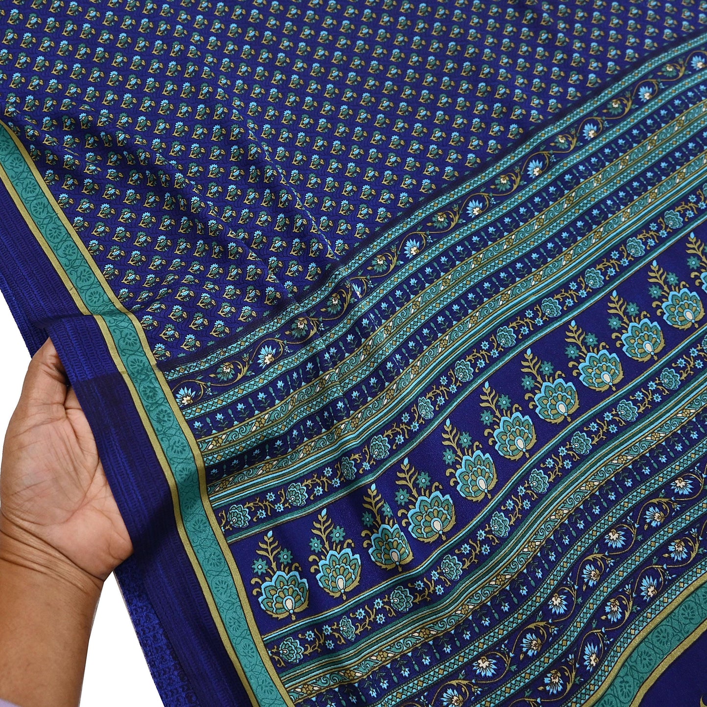 Indian Vintage Blue Moss Crepe Saree Printed Floral Sari Fabric 6 Yards Soft Craft Fabric for Sewing, Dressmaking, Quilting,Upcycling
