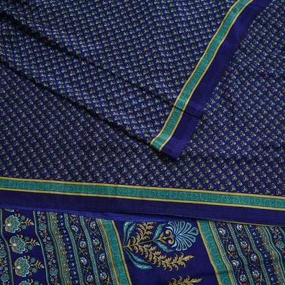 Indian Vintage Blue Moss Crepe Saree Printed Floral Sari Fabric 6 Yards Soft Craft Fabric for Sewing, Dressmaking, Quilting,Upcycling