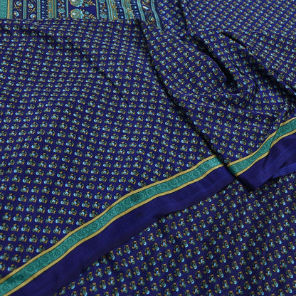 Indian Vintage Blue Moss Crepe Saree Printed Floral Sari Fabric 6 Yards Soft Craft Fabric for Sewing, Dressmaking, Quilting,Upcycling