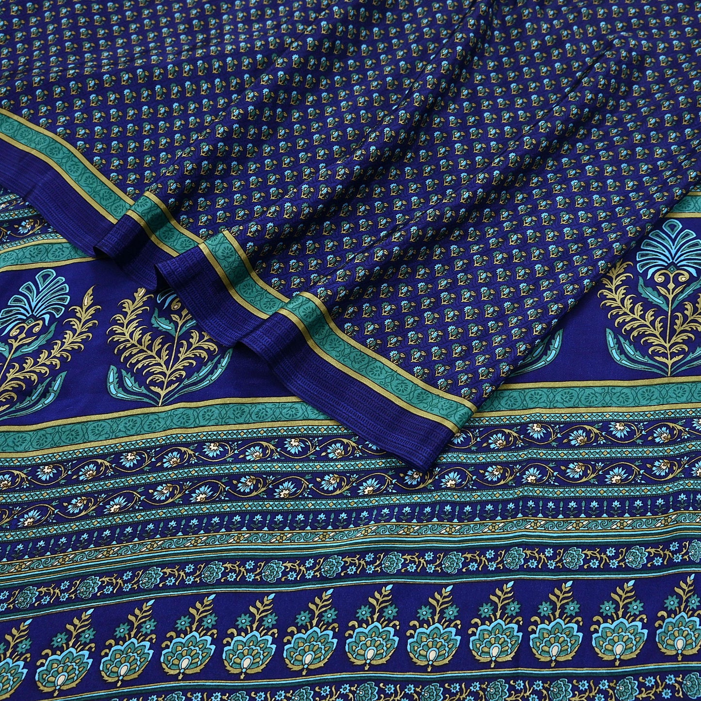 Indian Vintage Blue Moss Crepe Saree Printed Floral Sari Fabric 6 Yards Soft Craft Fabric for Sewing, Dressmaking, Quilting,Upcycling