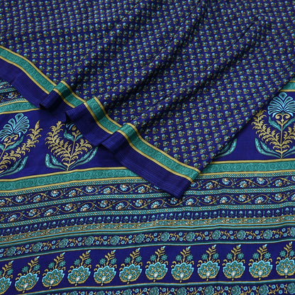 Indian Vintage Blue Moss Crepe Saree Printed Floral Sari Fabric 6 Yards Soft Craft Fabric for Sewing, Dressmaking, Quilting,Upcycling