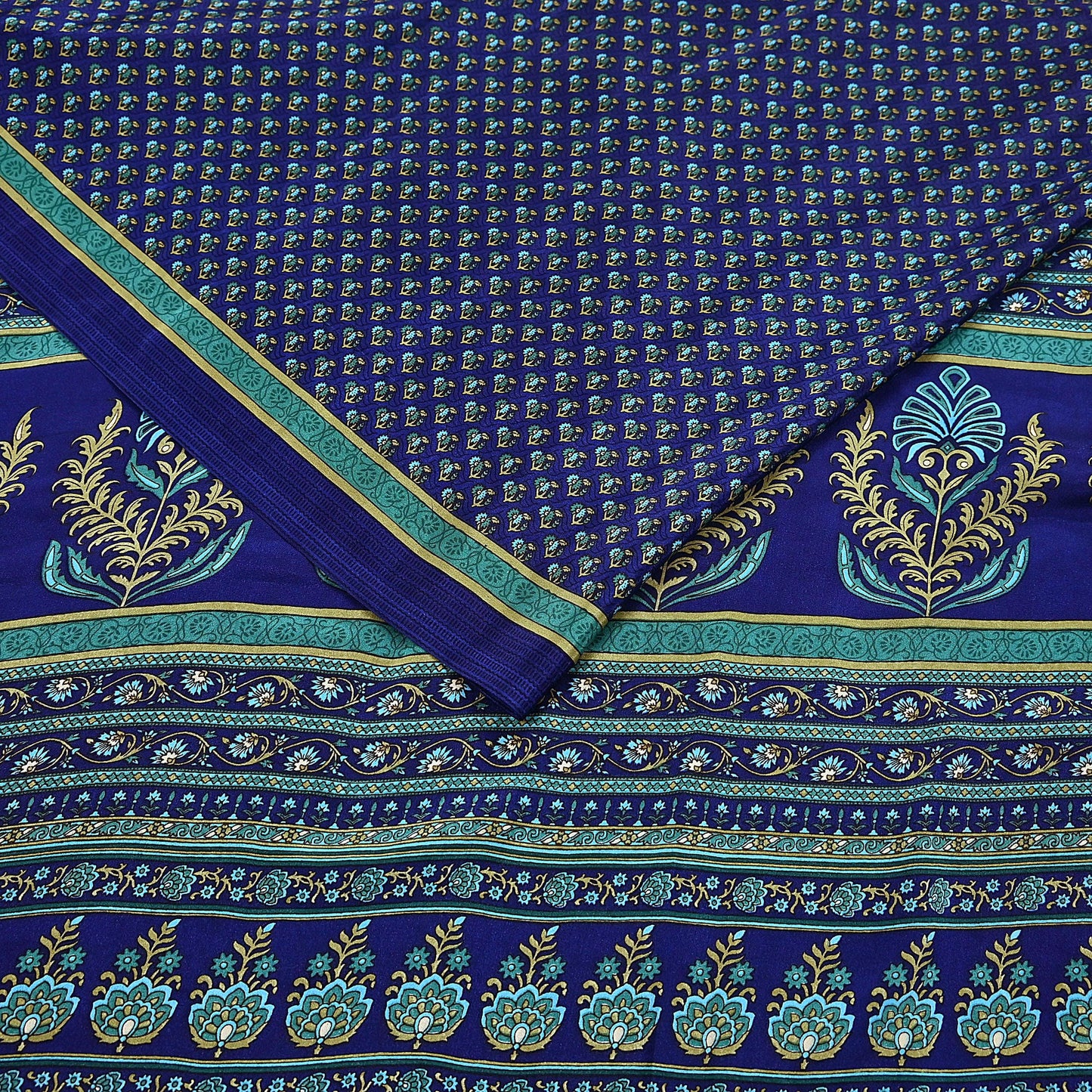 Indian Vintage Blue Moss Crepe Saree Printed Floral Sari Fabric 6 Yards Soft Craft Fabric for Sewing, Dressmaking, Quilting,Upcycling