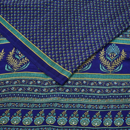 Indian Vintage Blue Moss Crepe Saree Printed Floral Sari Fabric 6 Yards Soft Craft Fabric for Sewing, Dressmaking, Quilting,Upcycling