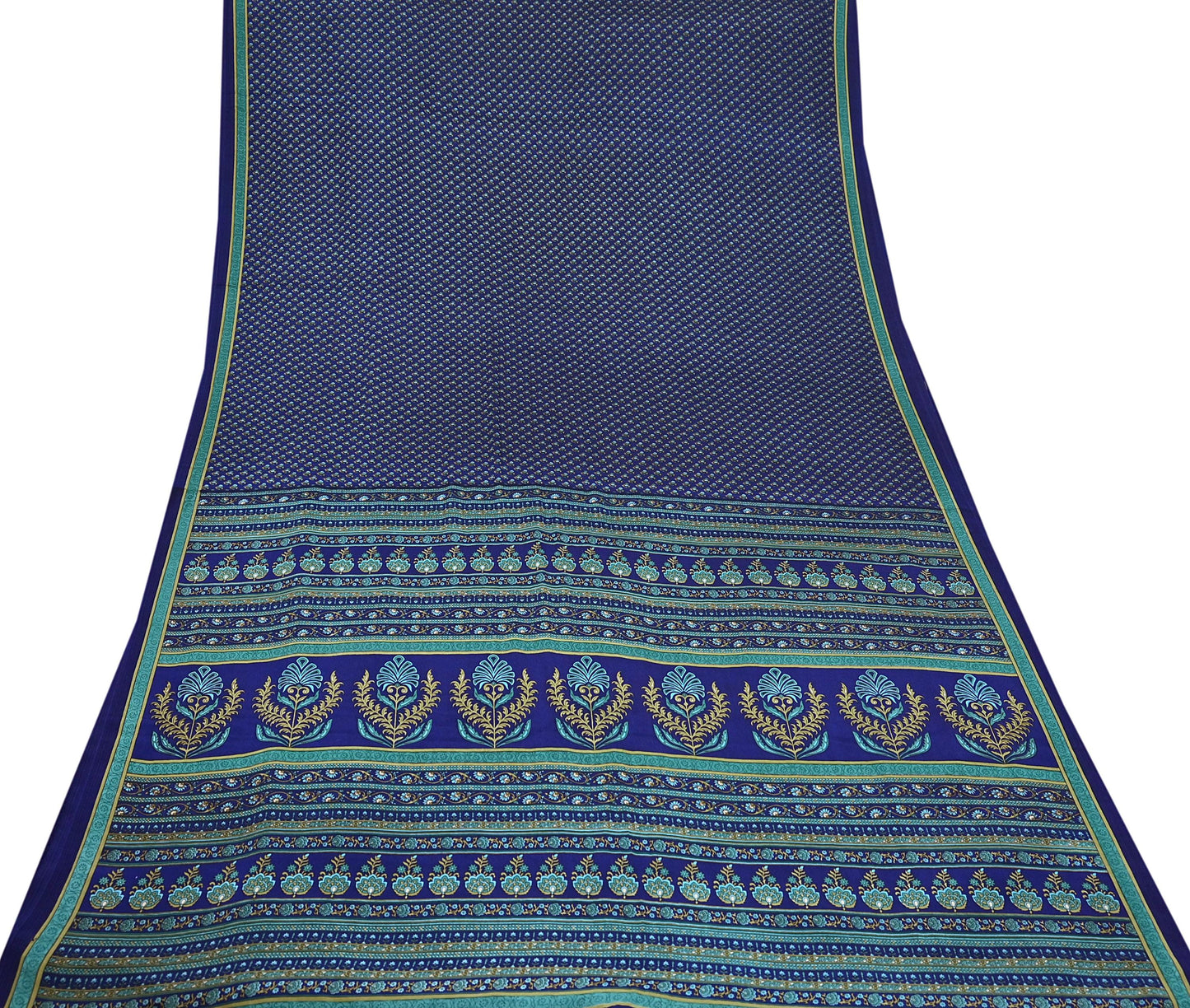 Indian Vintage Blue Moss Crepe Saree Printed Floral Sari Fabric 6 Yards Soft Craft Fabric for Sewing, Dressmaking, Quilting,Upcycling