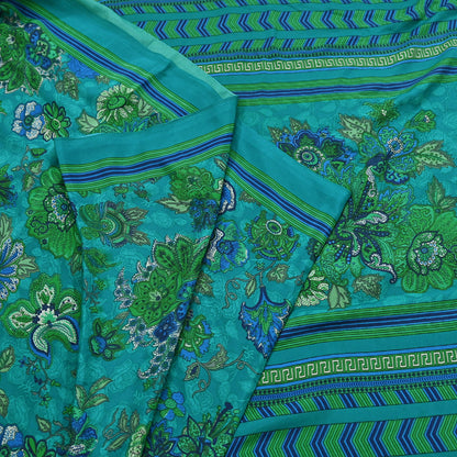 Indian Vintage Green Moss Crepe Saree Printed Floral Sari Fabric 5 Yards Soft Craft Fabric for Sewing, Dressmaking, Quilting,Upcycling