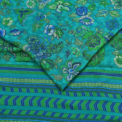 Indian Vintage Green Moss Crepe Saree Printed Floral Sari Fabric 5 Yards Soft Craft Fabric for Sewing, Dressmaking, Quilting,Upcycling