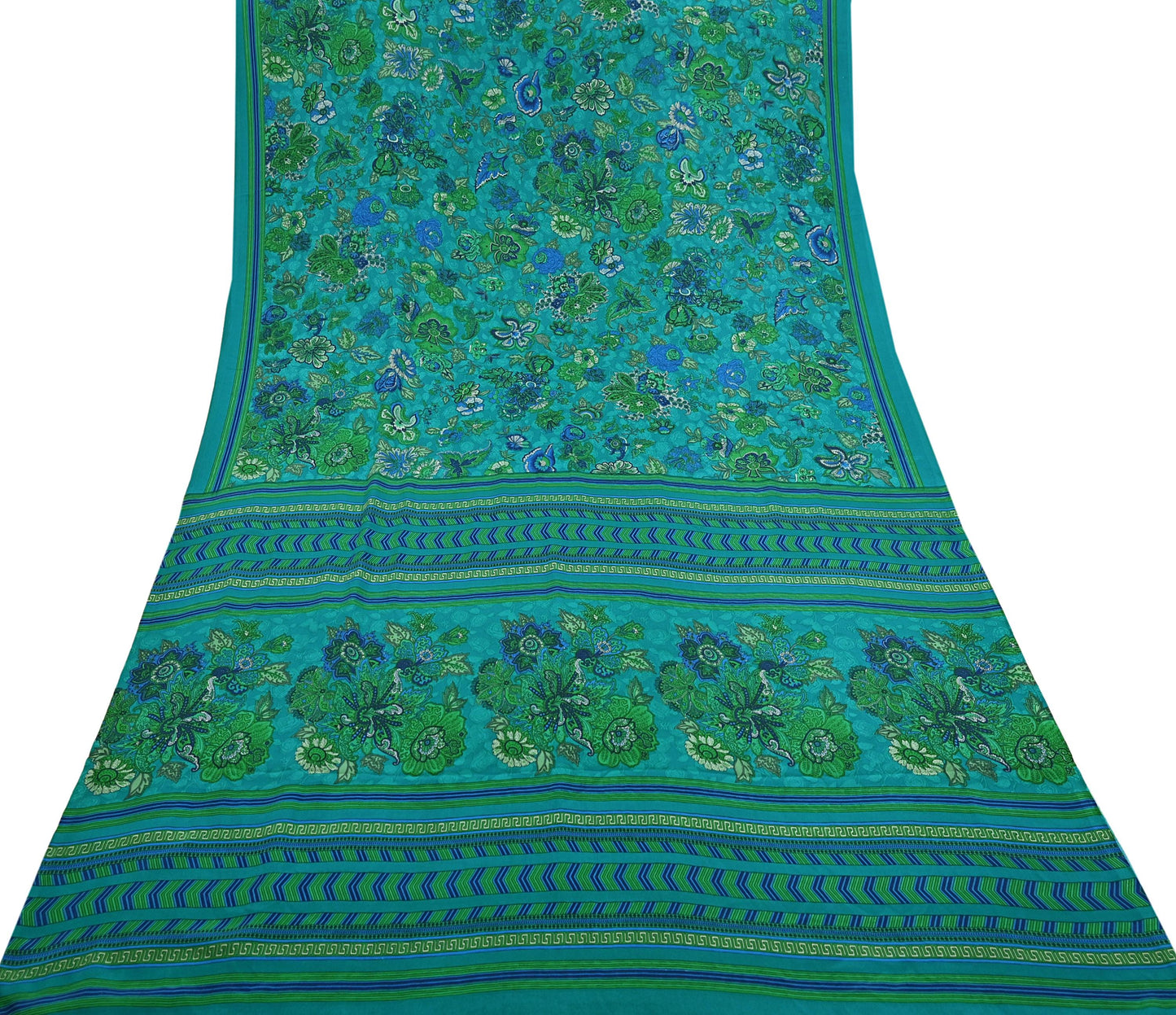 Indian Vintage Green Moss Crepe Saree Printed Floral Sari Fabric 5 Yards Soft Craft Fabric for Sewing, Dressmaking, Quilting,Upcycling