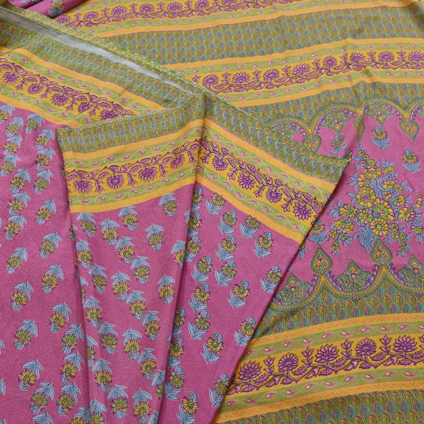 Indian Vintage Sari Green & Pink Moss Crepe Printed Sarees 5yd Craft Fabric Sewing Floral Soft Dress making Quilting Crafting Upcycle Used