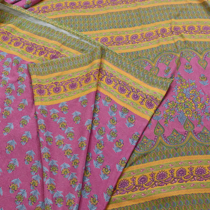 Indian Vintage Sari Green & Pink Moss Crepe Printed Sarees 5yd Craft Fabric Sewing Floral Soft Dress making Quilting Crafting Upcycle Used