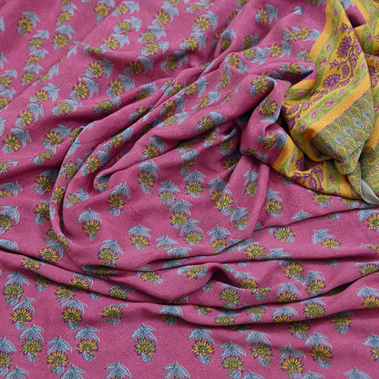 Indian Vintage Sari Green & Pink Moss Crepe Printed Sarees 5yd Craft Fabric Sewing Floral Soft Dress making Quilting Crafting Upcycle Used