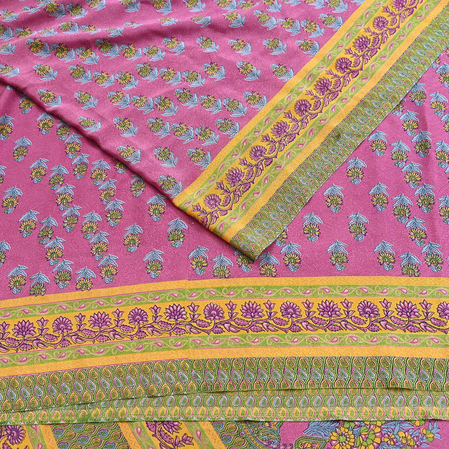 Indian Vintage Sari Green & Pink Moss Crepe Printed Sarees 5yd Craft Fabric Sewing Floral Soft Dress making Quilting Crafting Upcycle Used