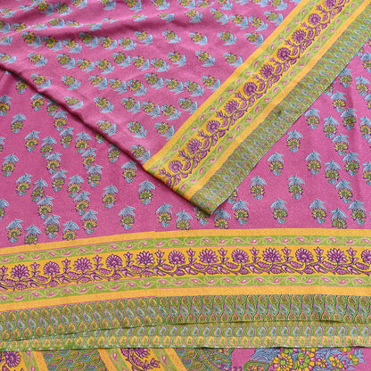 Indian Vintage Sari Green & Pink Moss Crepe Printed Sarees 5yd Craft Fabric Sewing Floral Soft Dress making Quilting Crafting Upcycle Used