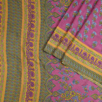 Indian Vintage Sari Green & Pink Moss Crepe Printed Sarees 5yd Craft Fabric Sewing Floral Soft Dress making Quilting Crafting Upcycle Used