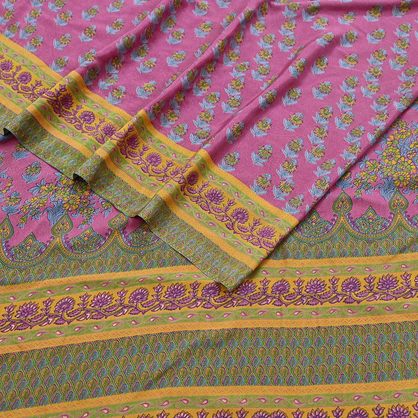 Indian Vintage Sari Green & Pink Moss Crepe Printed Sarees 5yd Craft Fabric Sewing Floral Soft Dress making Quilting Crafting Upcycle Used