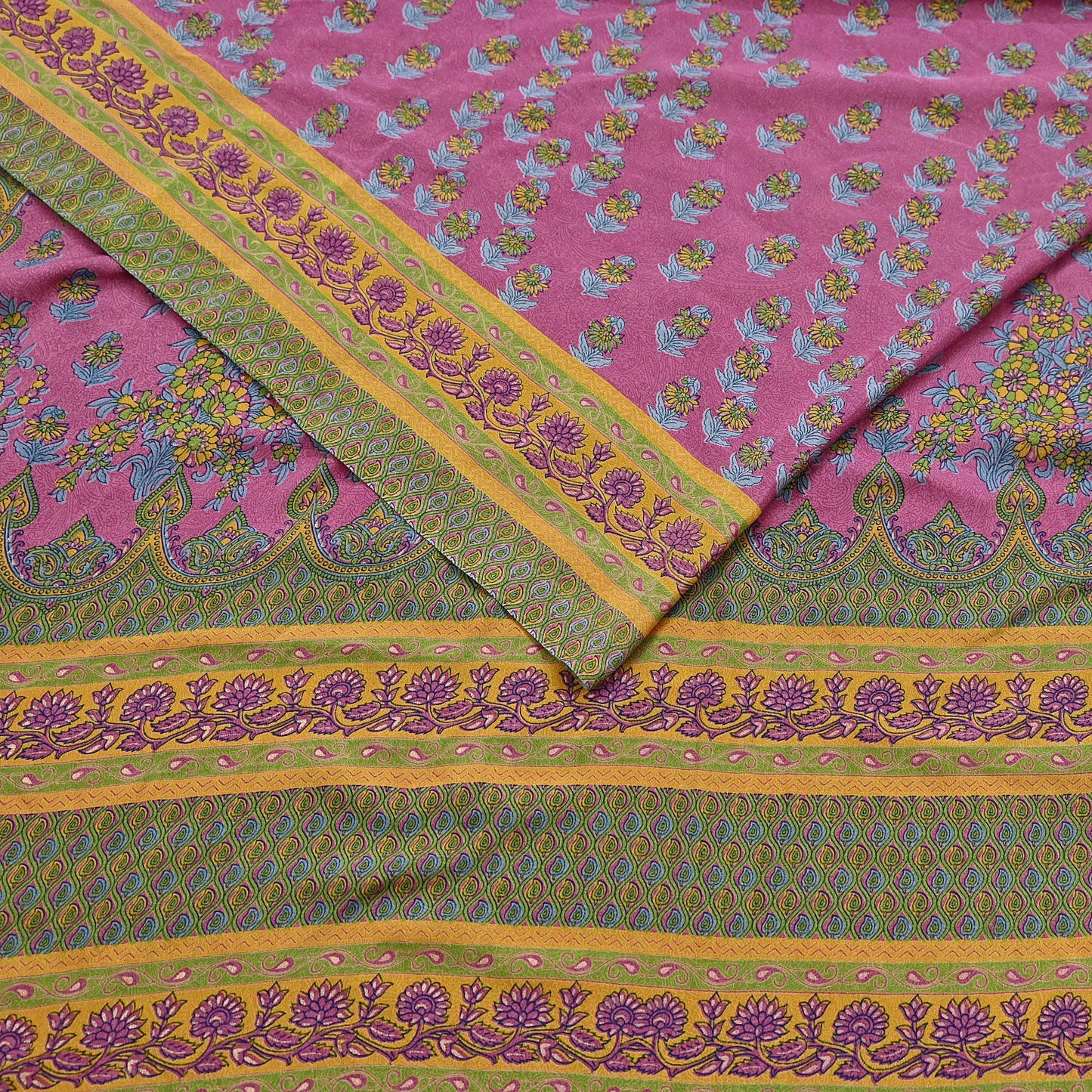 Indian Vintage Sari Green & Pink Moss Crepe Printed Sarees 5yd Craft Fabric Sewing Floral Soft Dress making Quilting Crafting Upcycle Used
