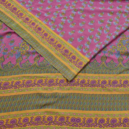 Indian Vintage Sari Green & Pink Moss Crepe Printed Sarees 5yd Craft Fabric Sewing Floral Soft Dress making Quilting Crafting Upcycle Used