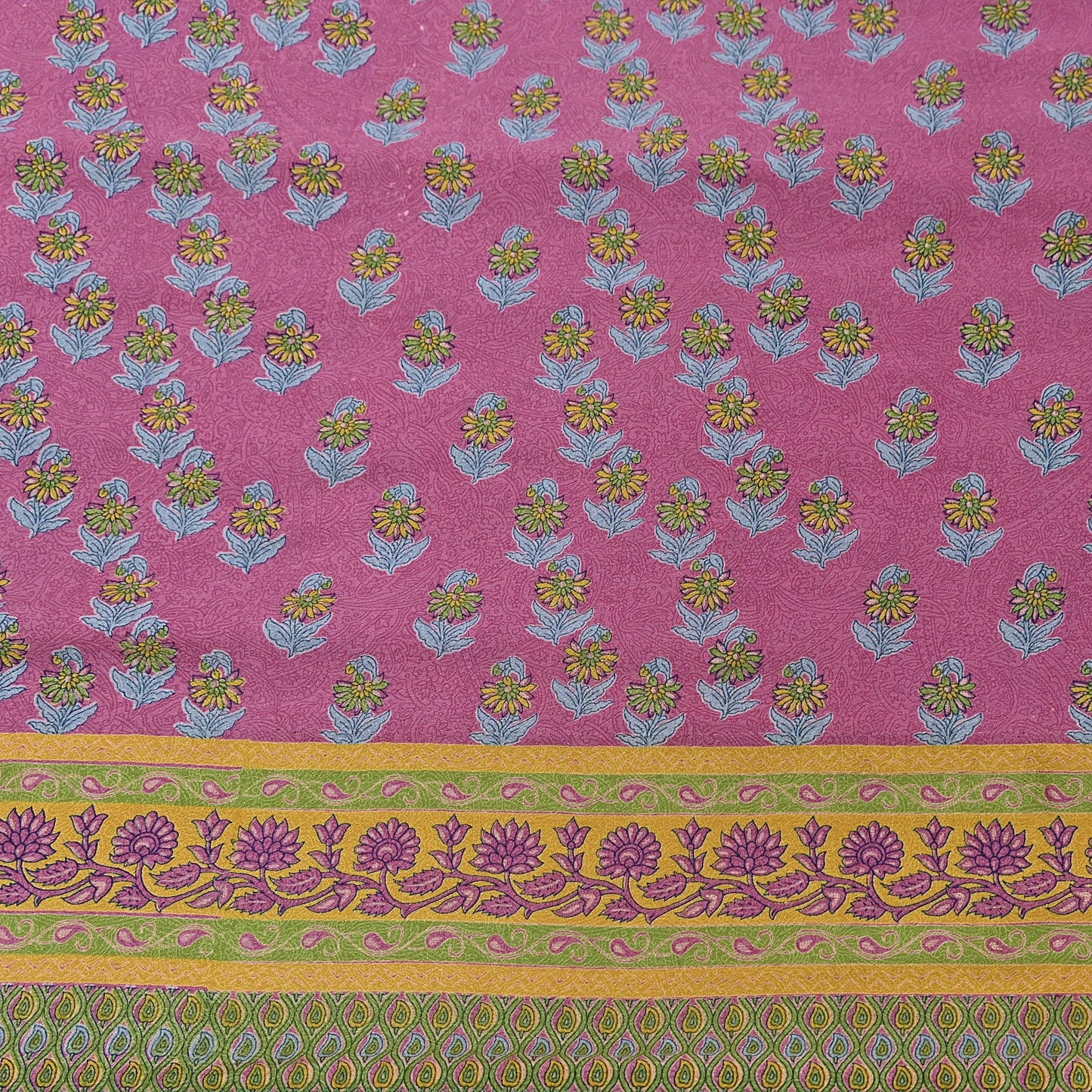 Indian Vintage Sari Green & Pink Moss Crepe Printed Sarees 5yd Craft Fabric Sewing Floral Soft Dress making Quilting Crafting Upcycle Used