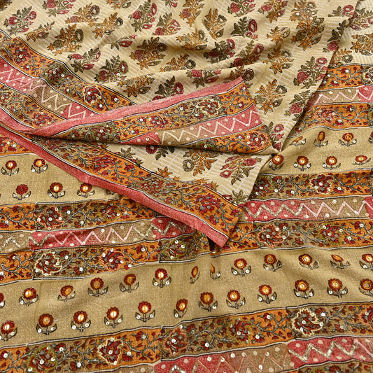 Indian Vintage Sari Beige Pure Crepe Silk Hand Embroidered Saree 5yd Sewing Floral Craft Sequins Dress making Crafting Quilting