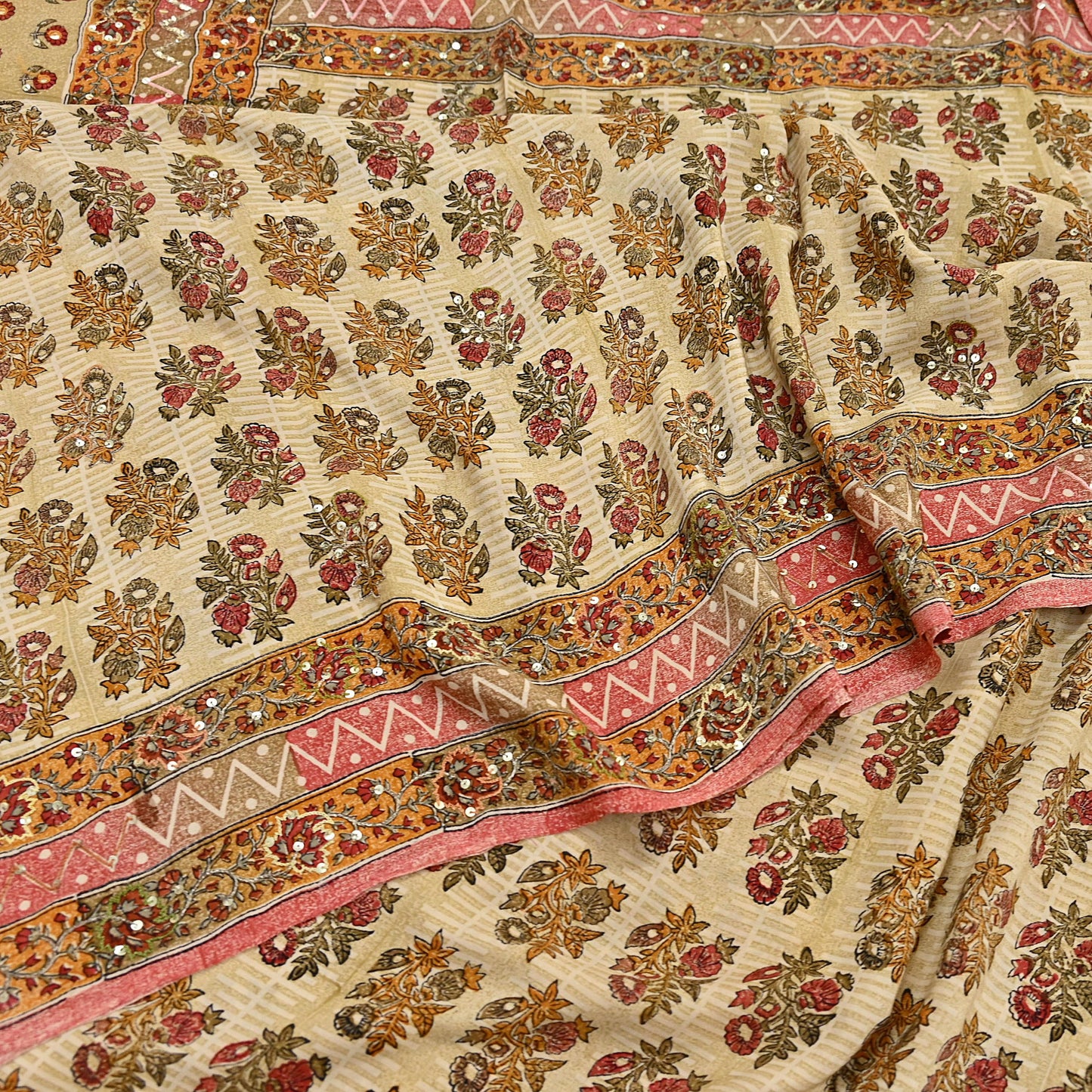 Indian Vintage Sari Beige Pure Crepe Silk Hand Embroidered Saree 5yd Sewing Floral Craft Sequins Dress making Crafting Quilting