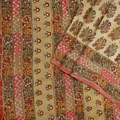 Indian Vintage Sari Beige Pure Crepe Silk Hand Embroidered Saree 5yd Sewing Floral Craft Sequins Dress making Crafting Quilting