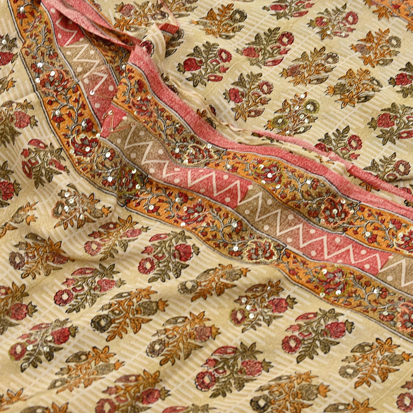 Indian Vintage Sari Beige Pure Crepe Silk Hand Embroidered Saree 5yd Sewing Floral Craft Sequins Dress making Crafting Quilting